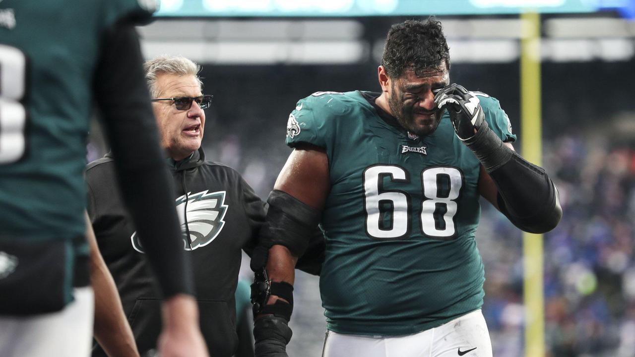 Jordan Mailata was in tears after a brutal Eagles defeat. Credit: Monica Herndon, The Inquirer.