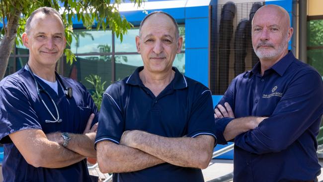 Professor Dan Chambers (left) with silicosis sufferer Anthony Constantine, of Carindale, who underwent a whole lung lavage at The Prince Charles Hospital, thanks to funding from The Common Good, pictured is the charity’s CEO Michael Hornby (right). Supplied