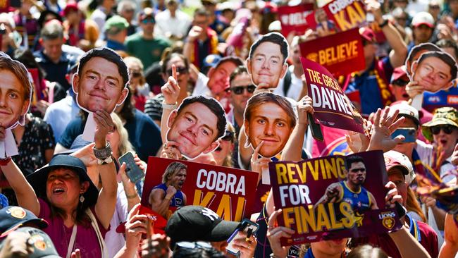 Brisbane Lions players and fans during a pop-up Premiership party in Brisbane’s CBD. Picture: Dan Peled