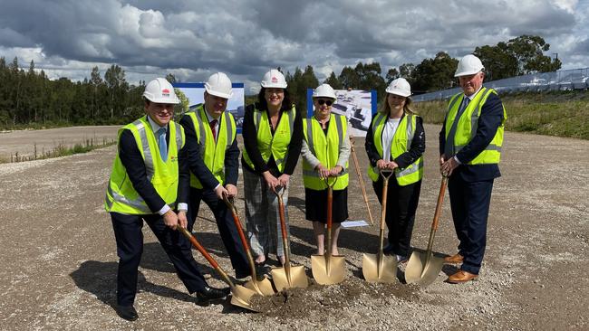 Liberal politicians including NSW Upper House Health Secretary Natasha Maclaren-Jones turn the first ceremonial sod complete with gold painted shovels. Picture: supplied