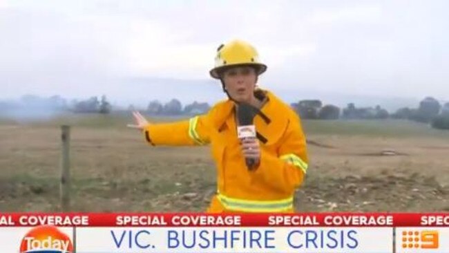 Sylvia Jeffreys out in the field covering the Victoria bushfires. Picture: Supplied