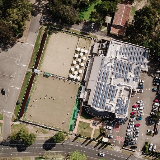 An aerial view of the club showing its two lawn bowls greens.