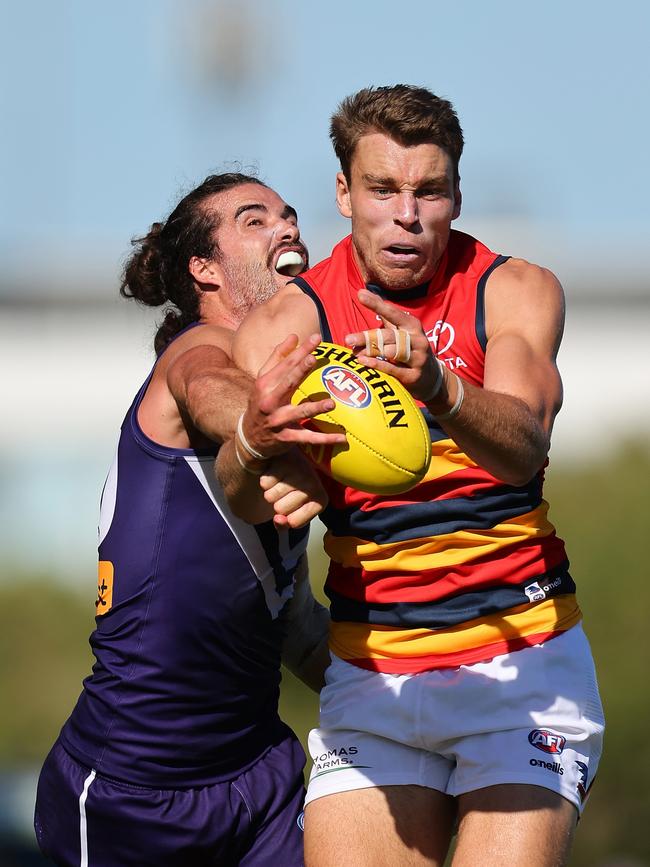 Riley Thilthorpe of the Crows marks the ball against Alex Pearce of the Dockers during the AFL Match Simulation between the Fremantle Dockers and Adelaide Crows at Victor George Kailis Oval on February 24. Picture: Paul Kane