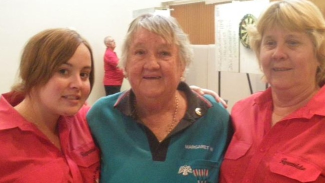 Margaret Wheeler representing Kingaroy at a darts meeting, pictured here with Jess Cooper (left), and Pam Cooper.