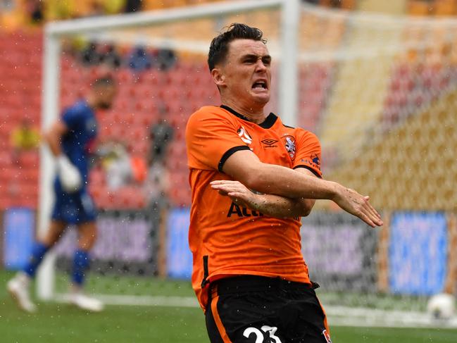 Dylan Wenzel-Halls of the Roar celebrates scoring a goal during the Round 15 A-League match between Brisbane Roar FC and Wellington Phoenix at Suncorp Stadium in Brisbane, Saturday, January 18, 2020. (AAP Image/Darren England) NO ARCHIVING, EDITORIAL USE ONLY