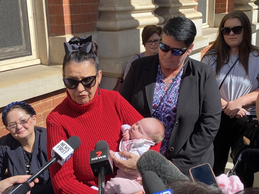 Margaret Dodd with her family outside the WA Supreme Court on Tuesday after Francis John Wark was sentenced to 18 years in prison for killing her daughter Hayley. Picture: Angie Raphael/NCA NewsWire