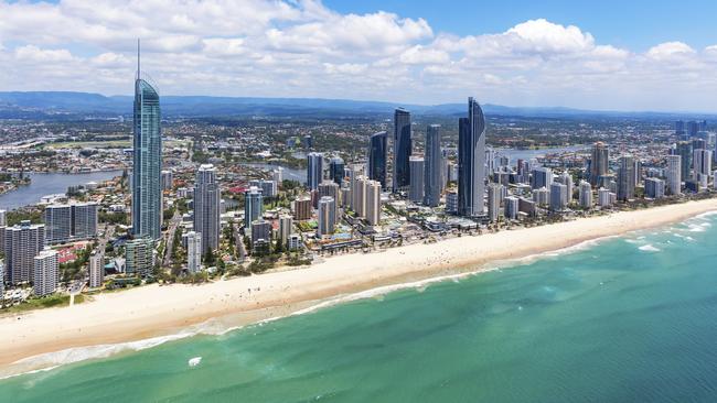 Sunny aerial view of Surfers Paradise looking inland on the Gold Coast, Queensland, Australia