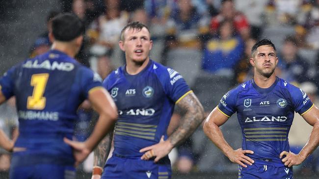 SYDNEY, AUSTRALIA - MAY 10:  Dylan Brown of the Eels reacts during the round 10 NRL match between Parramatta Eels and Brisbane Broncos at CommBank Stadium on May 10, 2024, in Sydney, Australia. (Photo by Brendon Thorne/Getty Images)