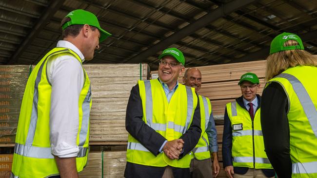 Prime Minister Scott Morrison visits Neville Smith Forest Products (NSFP) 58 Remount Road, Mowbray, TAS. Picture: Jason Edwards