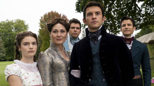 Florence Emilia Hunt as Hyacinth Bridgerton, Ruth Gemmell as Lady Violet Bridgerton, Luke Newton as Colin Bridgerton, Jonathan Bailey as Anthony Bridgerton and Luke Thompson as Benedict Bridgerton in Bridgerton. Picture: Liam Daniel/Netflix