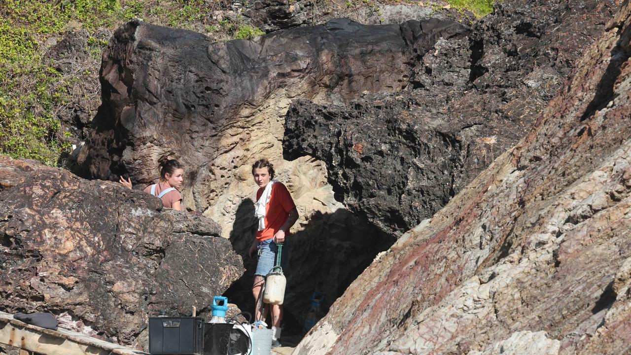 Props and staging being put into place on North Burleigh headland for weekend filming of "The Bluff". Spot the fake rock. Picture Glenn Hampson