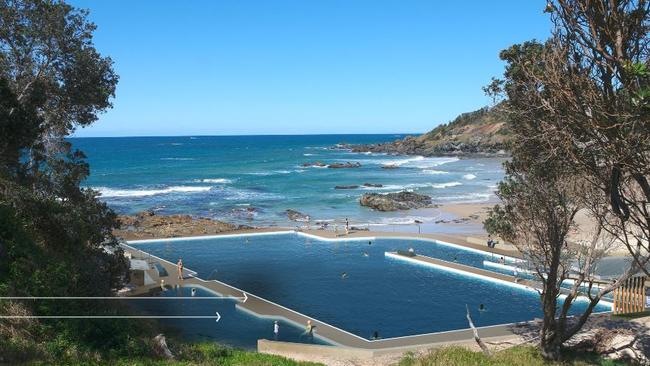 A concept design for the 50m pool planned for Port Macquarie with a kids pool on the Flagstaff Hill side and a disabled access ramp on the other.