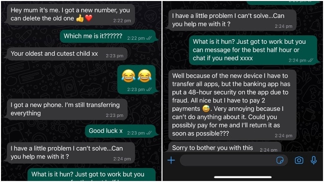 An example of the' "Hi Mum" text scam. Picture: Supplied / NSW Police