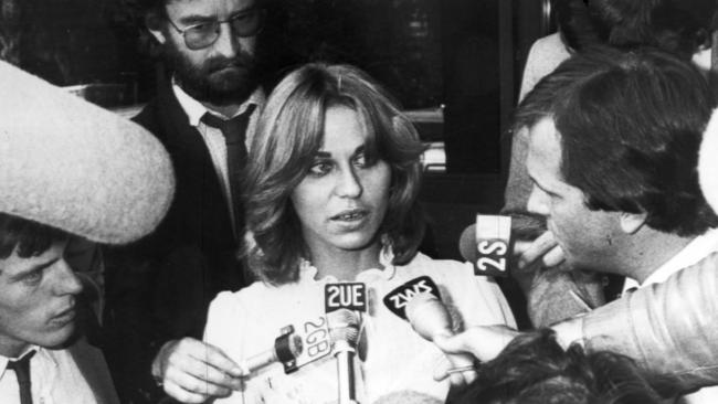 Sallie -Anne Huckstepp faces the media after inquest into death of drug dealer Warren Lanfranchi in 1981.