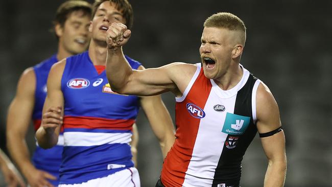 Dan Hannebery of the Saints celebrates a goal.