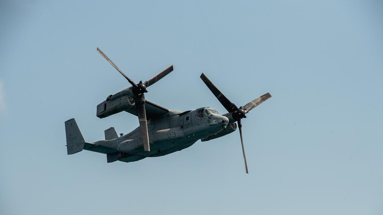 A US MV-22 Osprey flying overhead the ITS Cavour. Picture: Pema Tamang Pakhrin