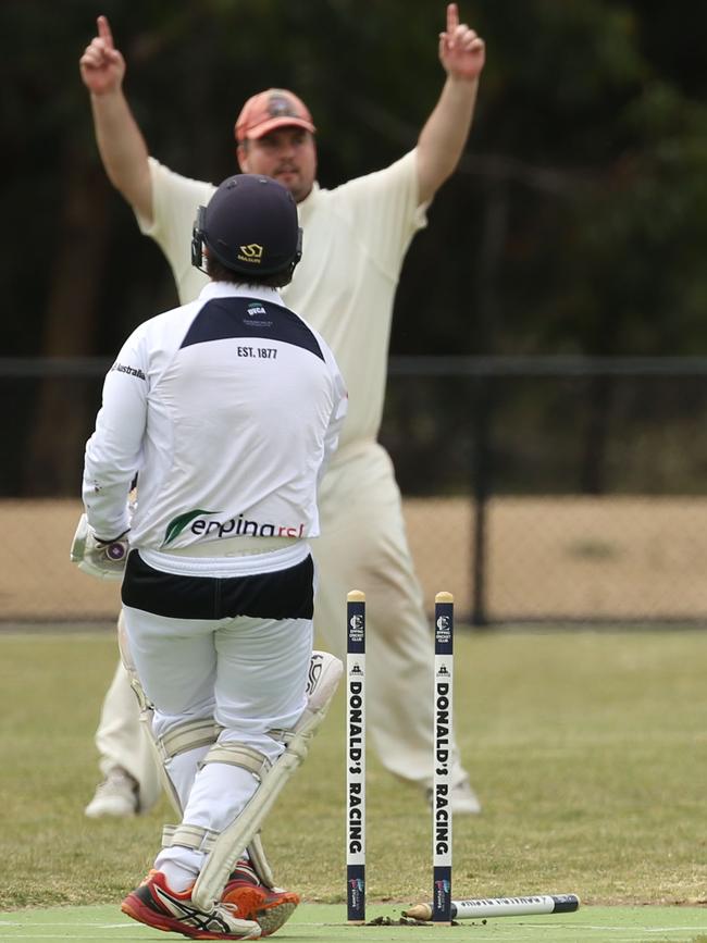 DVCA: Epping’s Shanon Kearney has his stumps smashed. Picture: Stuart Milligan