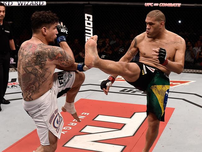 Frank Mir (left) snapped a four fight losing streak to upset Antonio “Bigfoot” Silva.