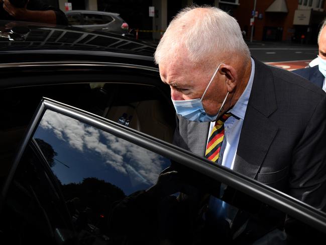 Sir Ron Brierley used a walking stick as he gingerly walked from the courthouse. Picture: NCA NewsWire/Joel Carrett