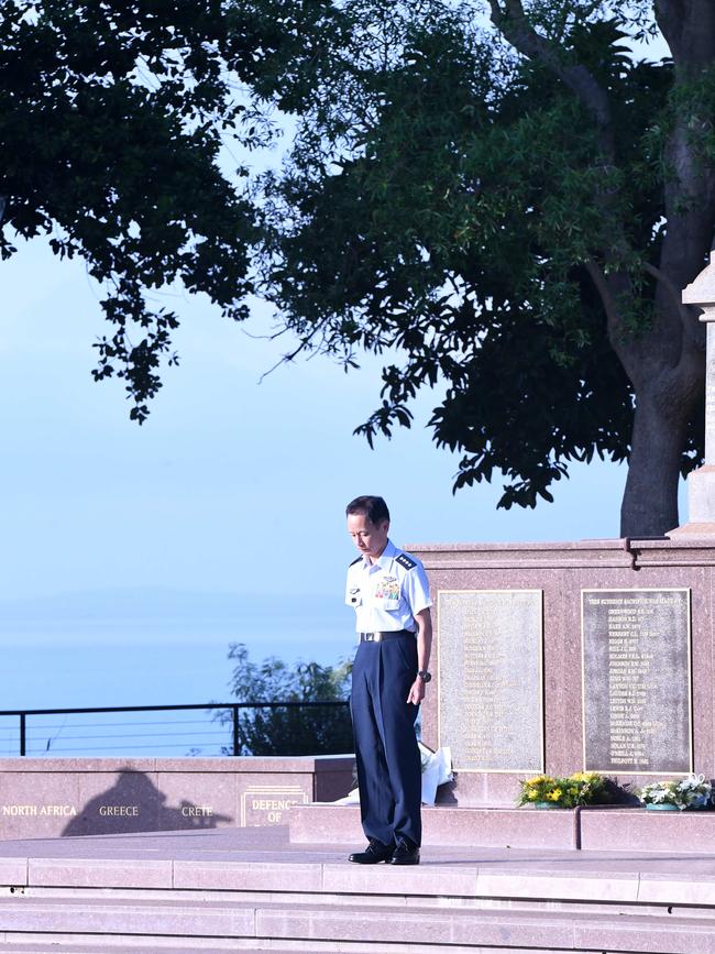 General Shunji Izutsu, from the Japan Air Self-Defense Force, lays a wreath at the Darwin Cenotaph. The move signifies a strengthening in Australia-Japan defence ties. Picture: (A)manda Parkinson