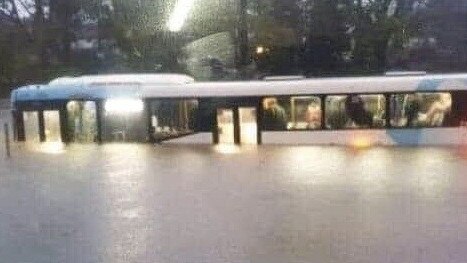 A picture of the bus flooded in Newcastle, with passengers still inside. Picture: supplied.