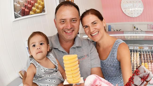 HAPPY POPS: The company was founded by husband and wife duo Augusta and Ian Puttkammer in Noosa in 2018 before opening their second shop in South Brisbane, and have now set up in Eumundi. Pictured with their 12 month old daughter, Lily. Photo: Patrick Woods.