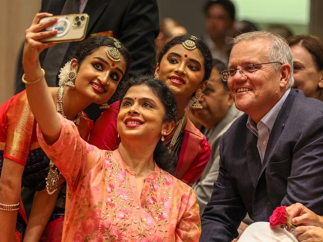 Prime Minister Scott Morrison poses for a selfie at a Hindu Council of Australia Multicultural Event in the electorate of Parramatta on May 14, 2022. Picture: Asanka Ratnayake/Getty Images