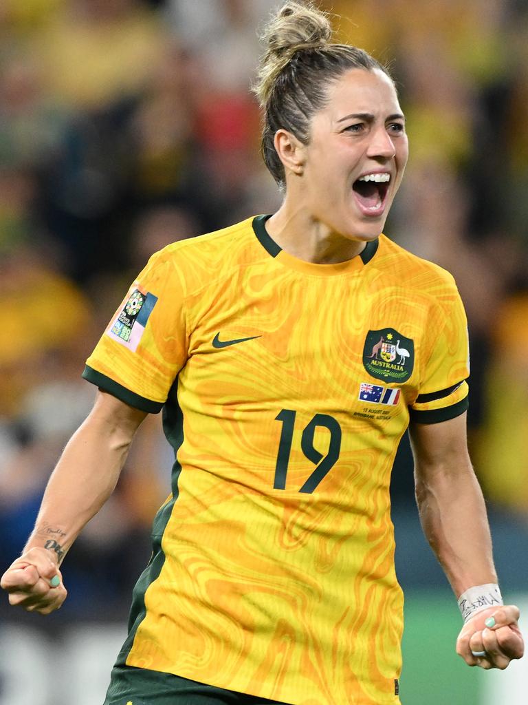 Gorry celebrates scoring a penalty against France at the 2023 World Cup. (Photo by Bradley Kanaris/Getty Images)