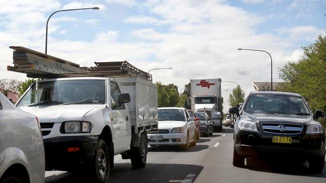 Traffic looking north down Portrush Road at a traffic jam at the Greenhill Road traffic lights.