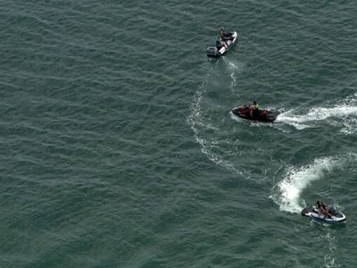 Surf lifesavers monitor the water after a suspected shark attack.  Credit: 9News