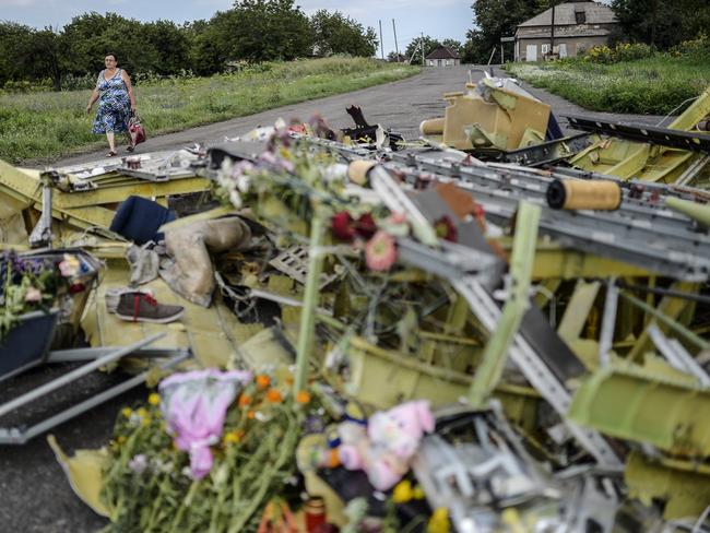 A woman walks past pieces of the wreckage of the Malaysia Airlines flight MH17 near the village of Grabove. AFP PHOTO/ BULENT KILIC