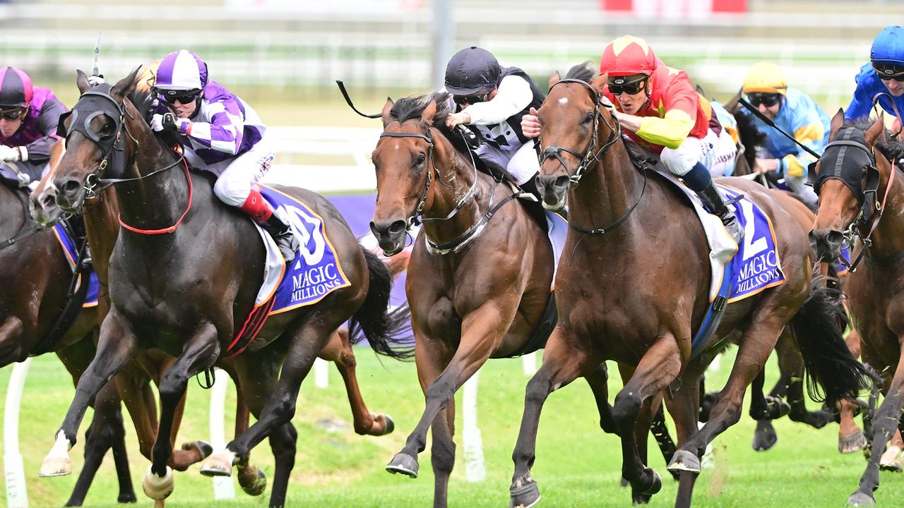 Supplied Editorial Chad Schofield explodes to victory in the Listed Falvelon on King Of
 Sparta at Doomben. Picture: Grant Peters - Trackside Photography