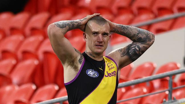 AFL Round 18. Richmond v Brisbane at Metricon stadium, Gold Coast . 16/07/2021.   Richmonds Dustin Martin  goes off injured late 3rd qtr   .  Pic: Michael Klein