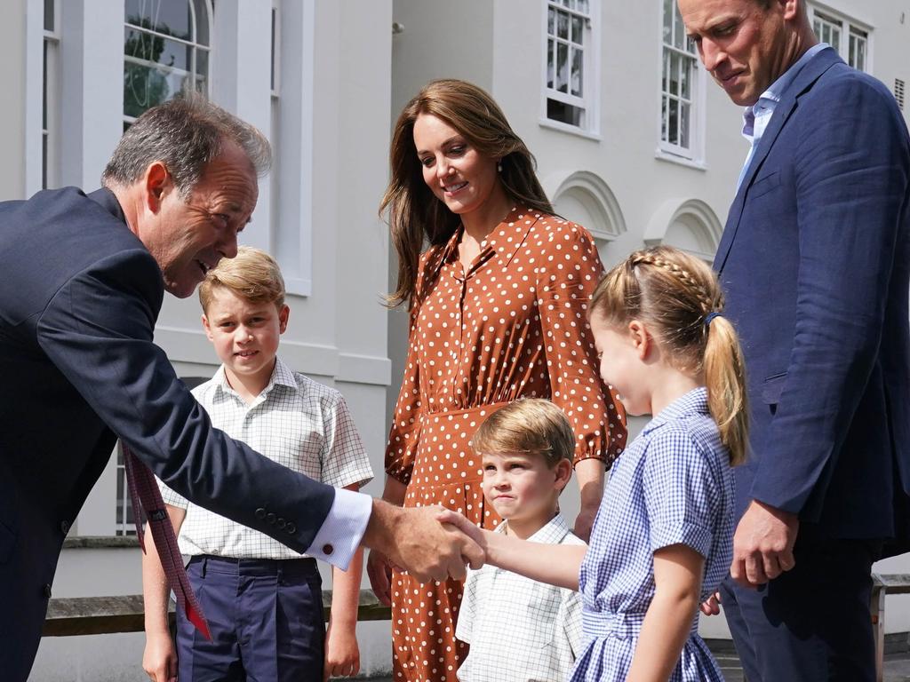 Headmaster Jonathan Perry greeted the royal family as they arrived at Lambrook School. Picture: Jonathan Brady/Getty Images