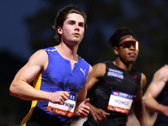 SYDNEY, AUSTRALIA - MARCH 23: Rohan Browning competes in the Mens 100m Final during the 2024 Sydney Track Classic at ES Marks Athletic Field on March 23, 2024 in Sydney, Australia. (Photo by Cameron Spencer/Getty Images)