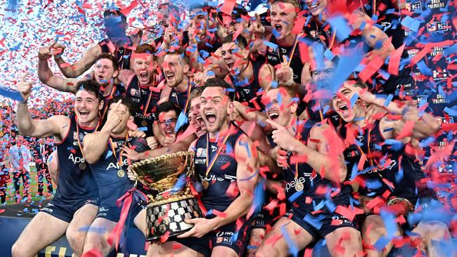 Redlegs players celebrate after winning the SANFL Grand Final match between Norwood and North Adelaide at Adelaide Oval, Sunday, September 18, 2022. (SANFL Image/Scott Starkey)