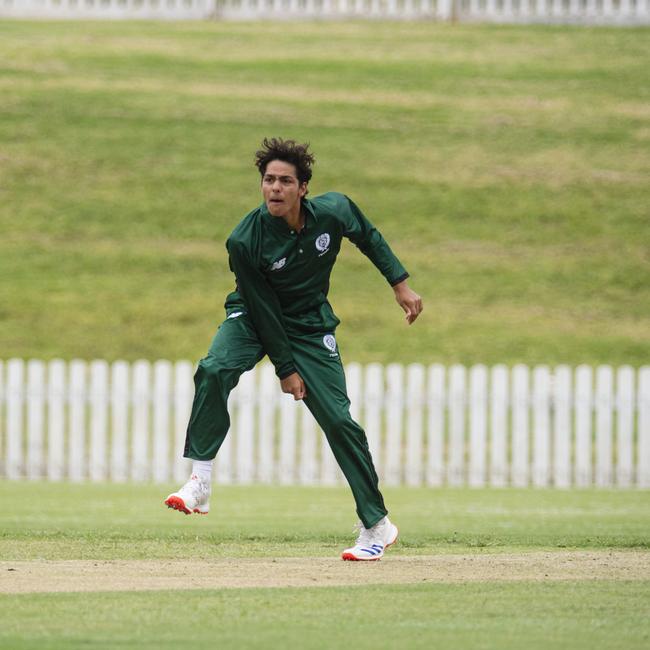 D'Arcy Satharasinghe bowls for Brisbane Boys College (BBC) against Toowoomba Grammar School (TGS) in round 1 GPS Competition 1st cricket at Mills Oval, TGS, Saturday, February 1, 2025. Picture: Kevin Farmer