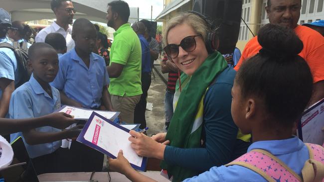 All-rounder Sophie Molineux did a DJ set at a school visit in Guyana.