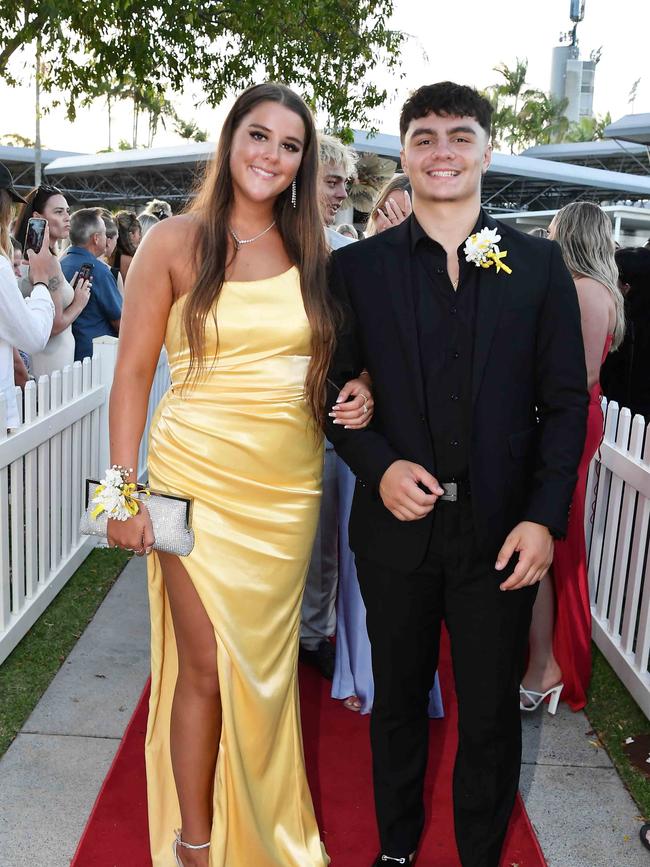 Jasmine Fry and Zak Zibara at the 2023 Caloundra State High School Year 12 formal. Picture: Patrick Woods.