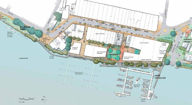 The draft master plan for the Maclean riverside precinct, which includes cafes and restaurants, general retail and passive recreation areas. Picture: Clouston Associates