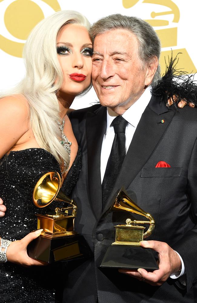 Gaga and Bennett pose with their trophies at the 2015 Grammy Awards. Picture: Getty