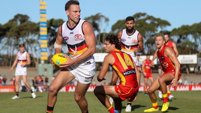 ON THE RUN: Crow Brodie Smith in action against Gold Coast in the Marsh Community Series match at Noarlunga Oval last Friday. Picture: AFL PHOTOS.