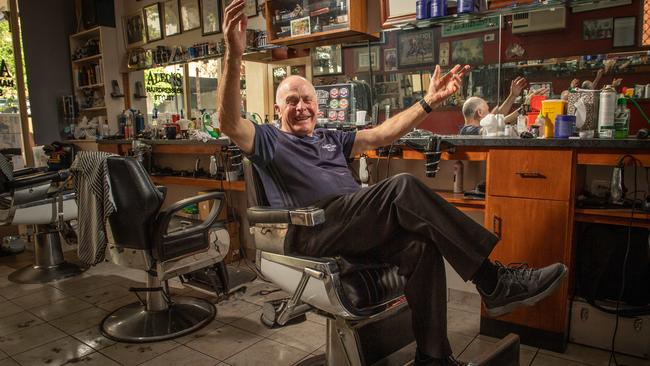 Leigh St Barber Alec Mastrangelo is celebrating 45 years of business in the Adelaide laneway. Picture: Brad Fleet