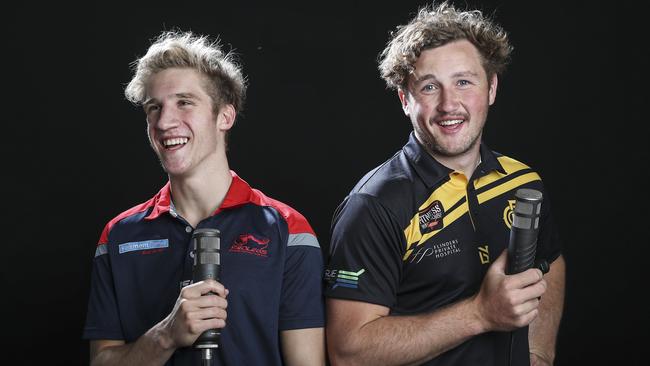 Norwood’s Dylan Stephen, left, and Glenelg’s Will Gould speak about their football journey and AFL draft hopes on this week’s Lowdown AFL Draft Podcast. Picture: SARAH REED.