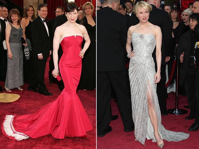 You had us at hello ... Renée Zellweger at the Oscars in 2005 and then 2008. Picture: Getty