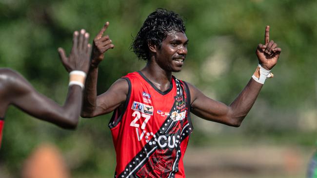 Dwayne Kerinaiua playing in the Wanderers v the Tiwi Bombers match in Round 13 of the 2024-25 NTFL season. Picture: Pema Tamang Pakhrin