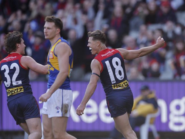 NCA. MELBOURNE, AUSTRALIAÃ&#137; July 7, 2024. AFL Round 17. Melbourne vs. West Coast Eagles at the MCG. Jake Melksham of the Demons celebrates a 3rd quarter goal. Pic: Michael Klein