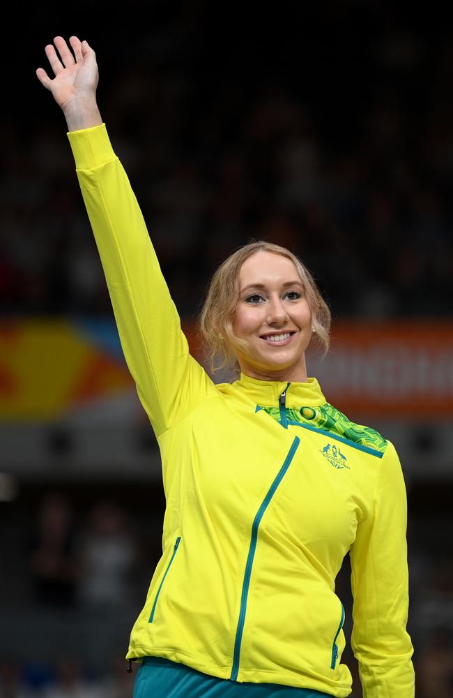 Maeve Plouffe of Team Australia celebrates on the podium. Picture: Justin Setterfield/Getty Images