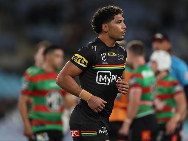 Izack Tago of the Panthers is sent to the sin bin by referee Adam Gee. Photo: Cameron Spencer/Getty Images