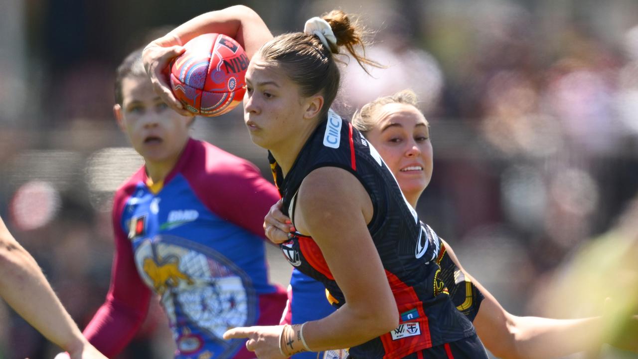 J'Noemi Anderson of the Saints is tackled during the round 10 AFLW match between St Kilda Saints and Brisbane Lions at RSEA Park, on November 03, 2024, in Melbourne, Australia. Picture: Quinn Rooney/Getty Images